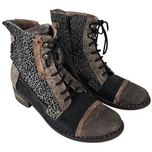Charme Leather Mixed Media Distressed Lace Up Moto Boots Size 39 Italian Made